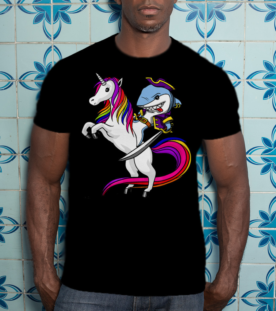 Shark Pirate Riding Rainbow Unicorn Magical Adventure T-Shirt