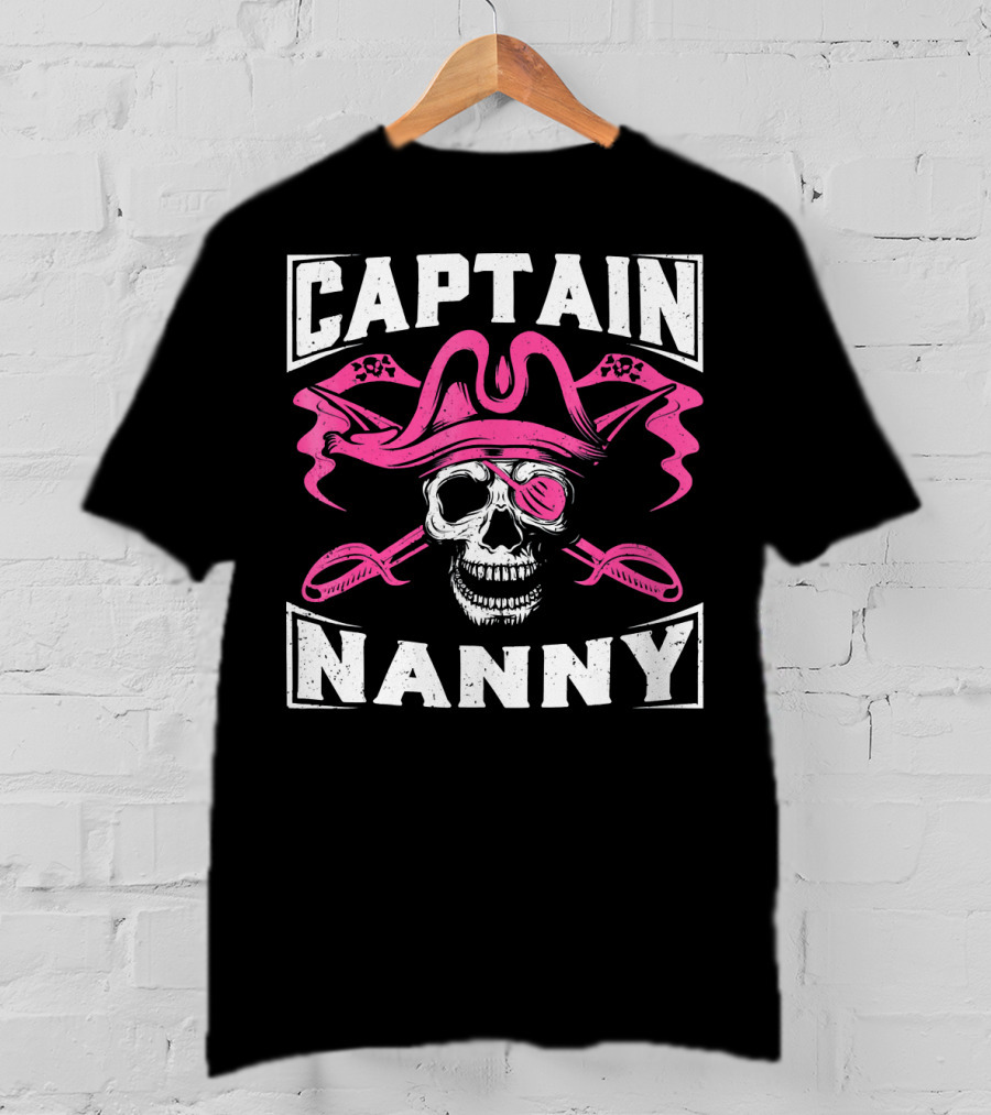 Captain Nanny Skull Pink Pirate Hat Crossed Swords T-Shirt