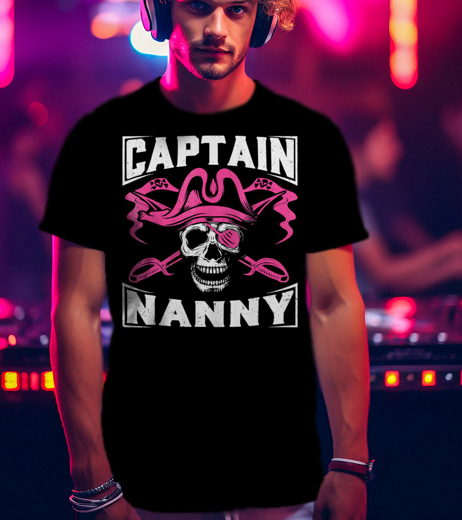 Captain Nanny Skull Pink Pirate Hat Crossed Swords T-Shirt