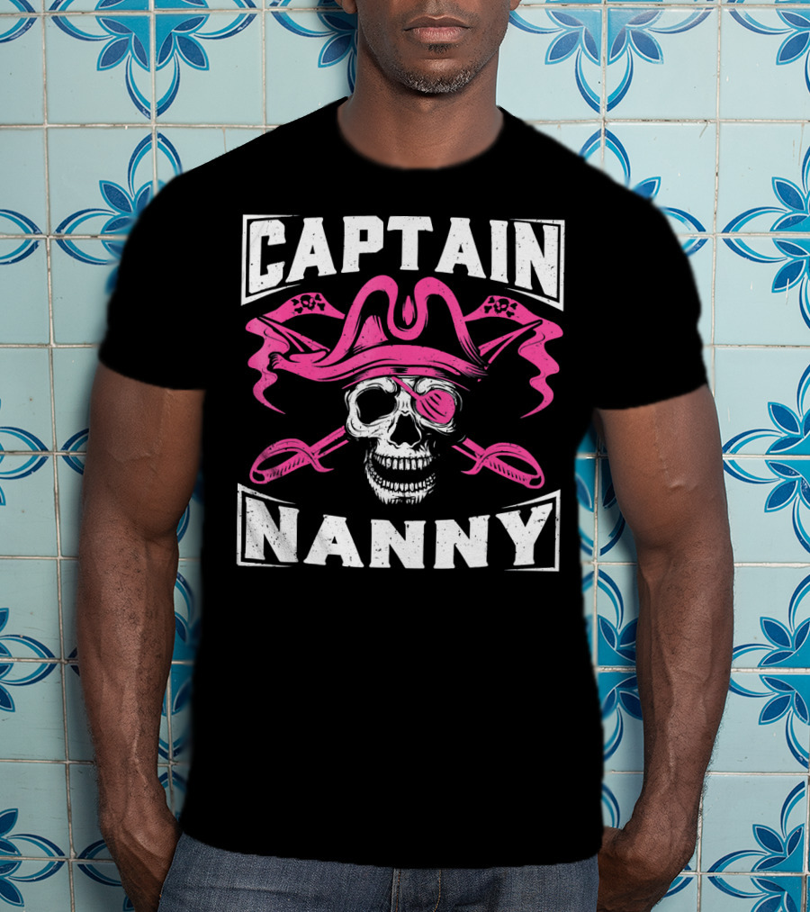 Captain Nanny Skull Pink Pirate Hat Crossed Swords T-Shirt