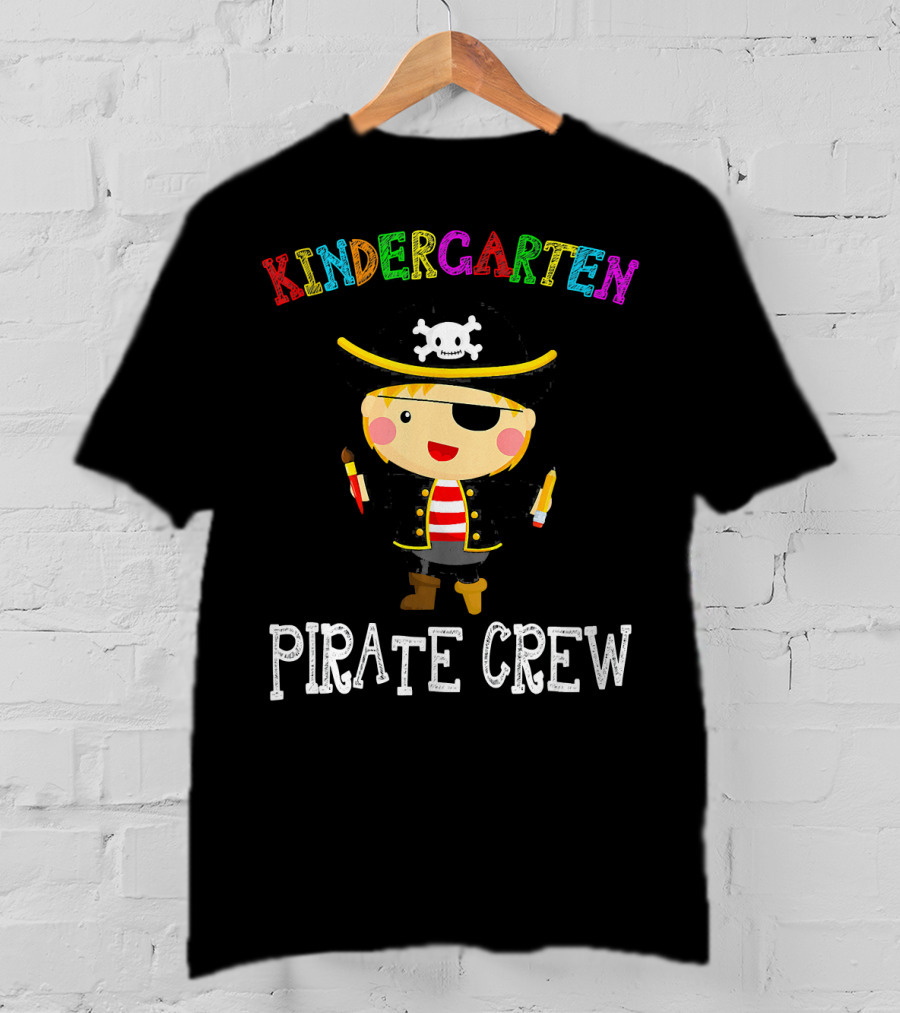 Kindergarten Pirate Crew Sketched Colorful Text With Pirate Boy Holding Crayons T-Shirt