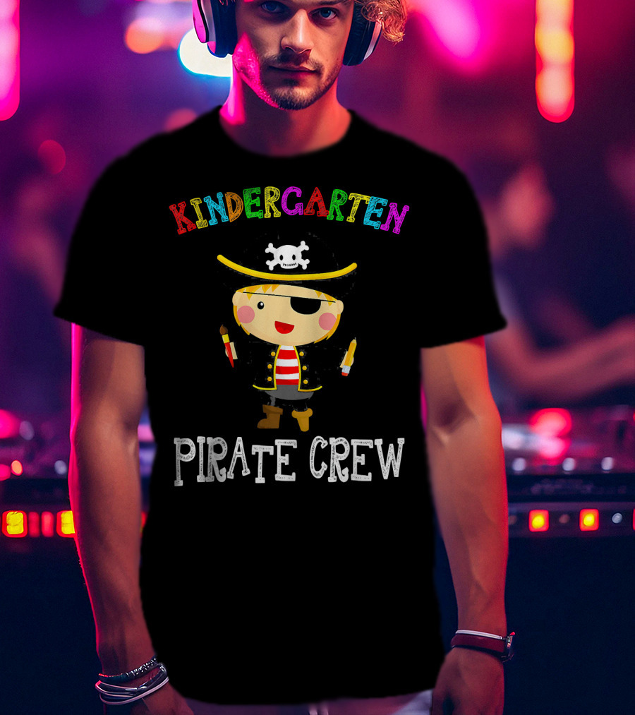 Kindergarten Pirate Crew Sketched Colorful Text With Pirate Boy Holding Crayons T-Shirt