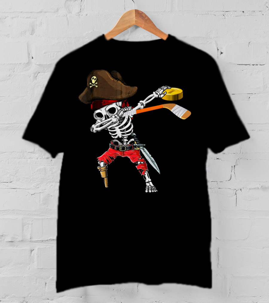 Dabbing Skeleton Jolly Roger Pirate Hockey Stick Ice T-Shirt