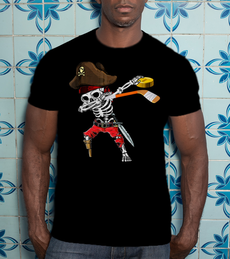 Dabbing Skeleton Jolly Roger Pirate Hockey Stick Ice T-Shirt