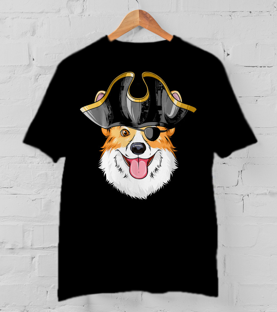 Pirate Corgi Wearing Black Tricorn Hat And Eye Patch T-Shirt