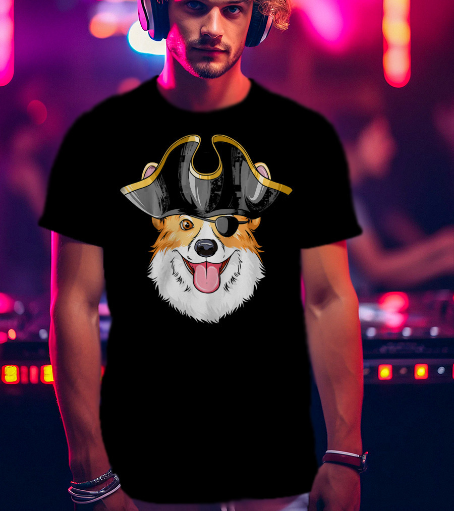 Pirate Corgi Wearing Black Tricorn Hat And Eye Patch T-Shirt