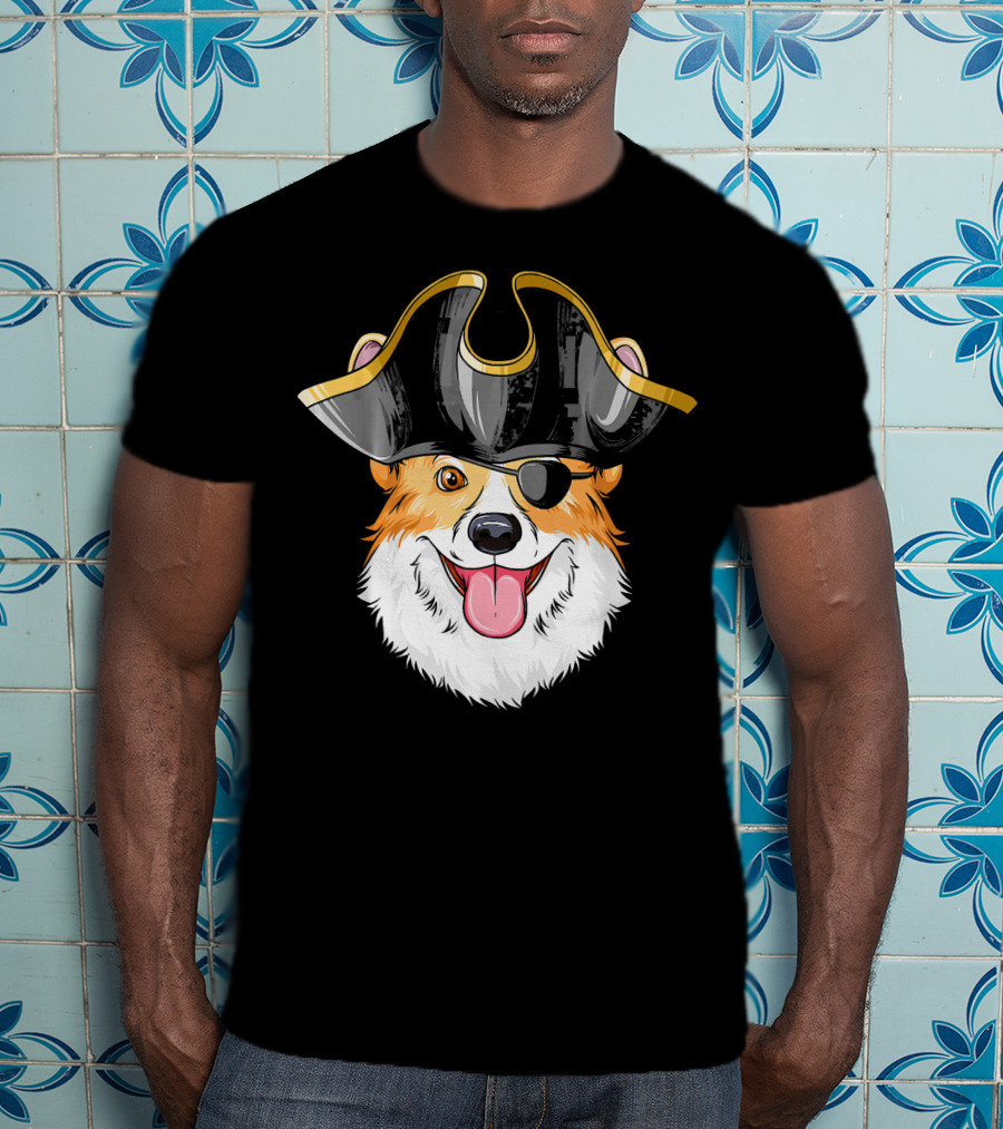 Pirate Corgi Wearing Black Tricorn Hat And Eye Patch T-Shirt