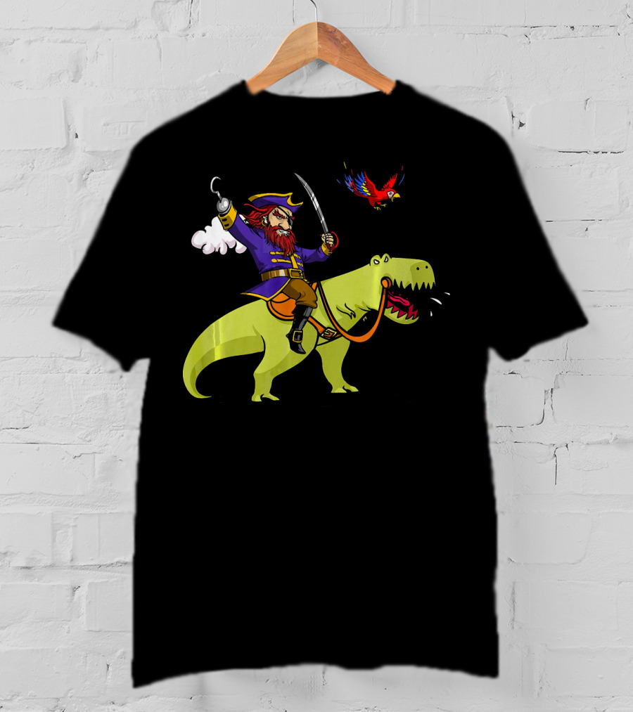 Pirate Sailor Rides T-Rex Dinosaur With Parrot T-Shirt