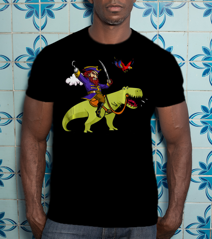 Pirate Sailor Rides T-Rex Dinosaur With Parrot T-Shirt