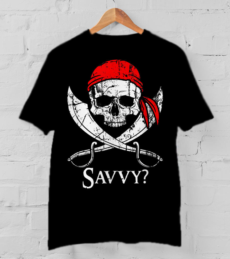 Savvy Pirate Skull And Crossbones With Red Bandana And Swords T-Shirt