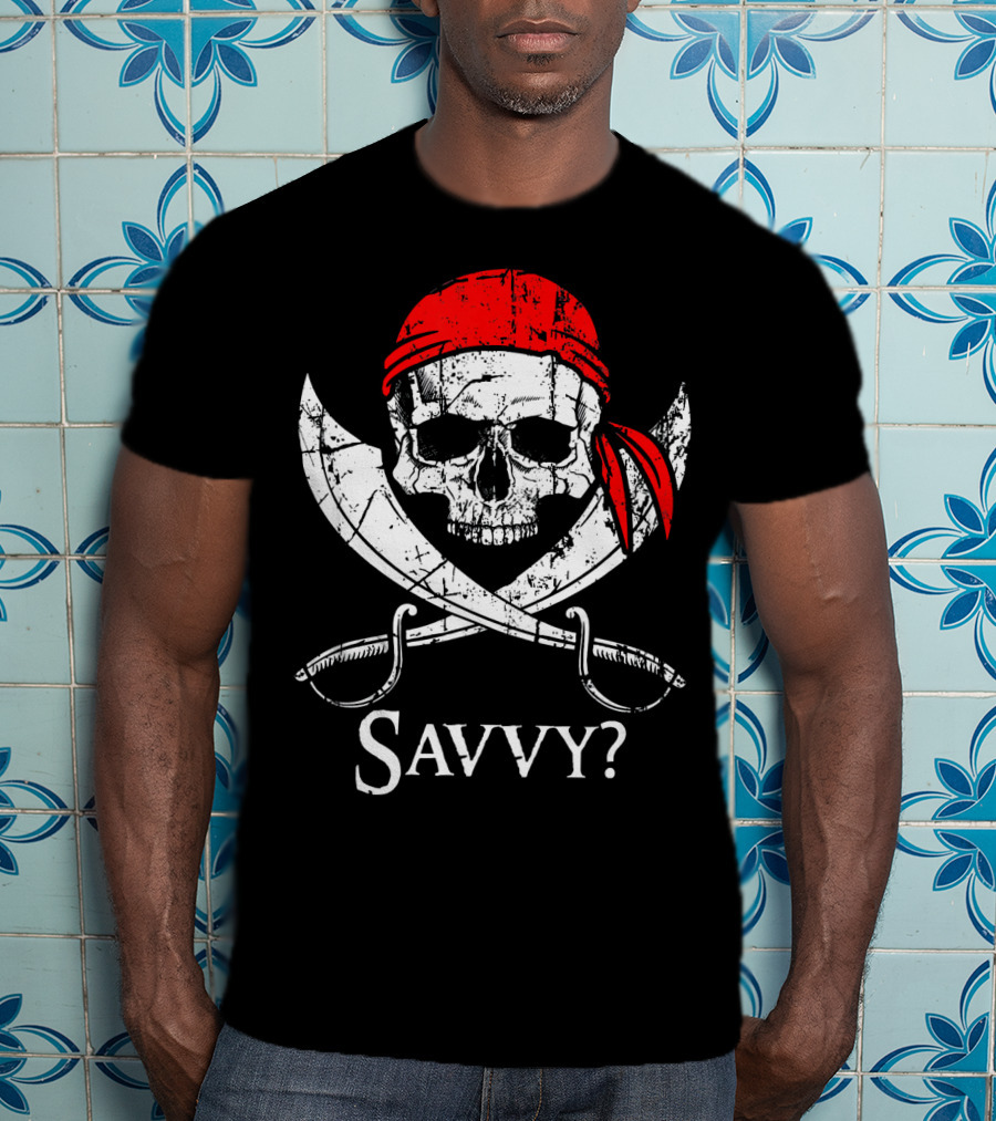 Savvy Pirate Skull And Crossbones With Red Bandana And Swords T-Shirt