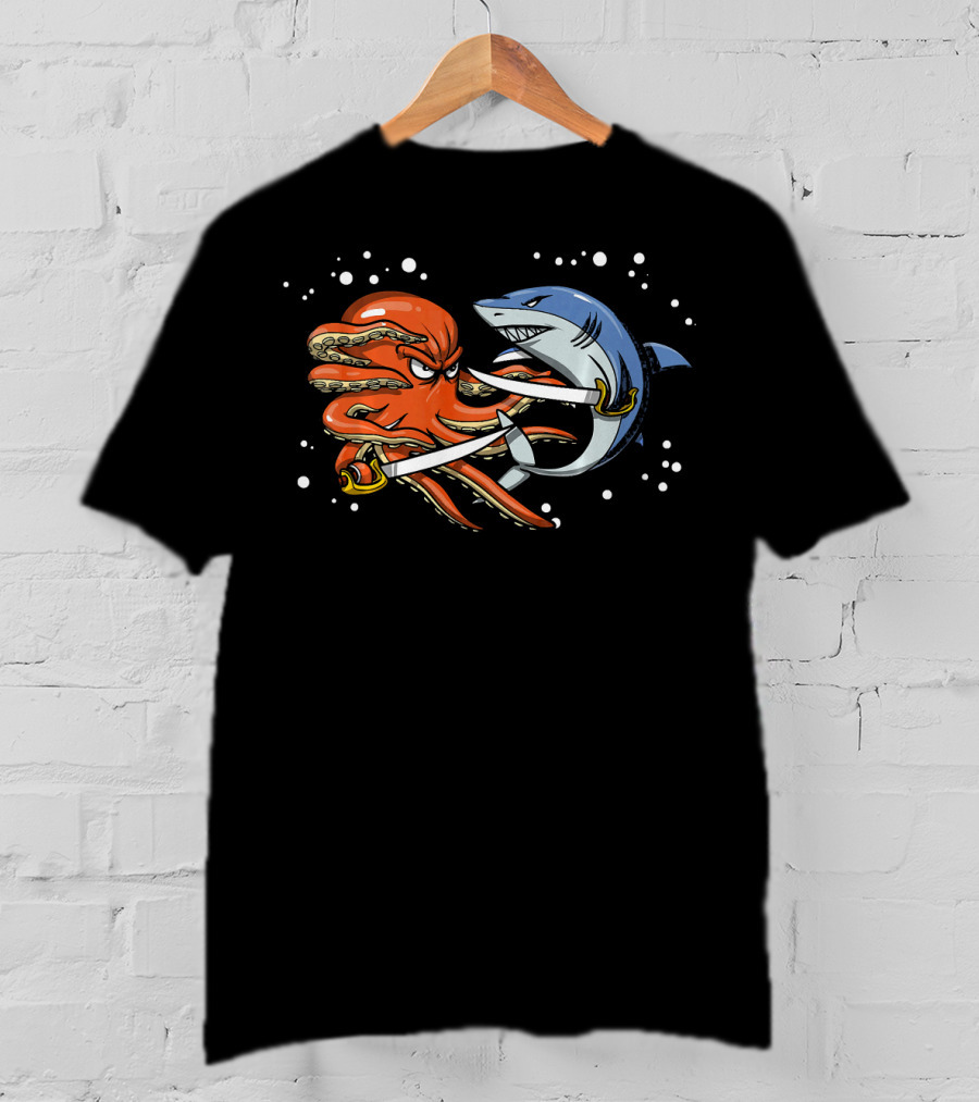 Shark Pirate Vs. Octopus Sailor Captain Sword Battle T-Shirt