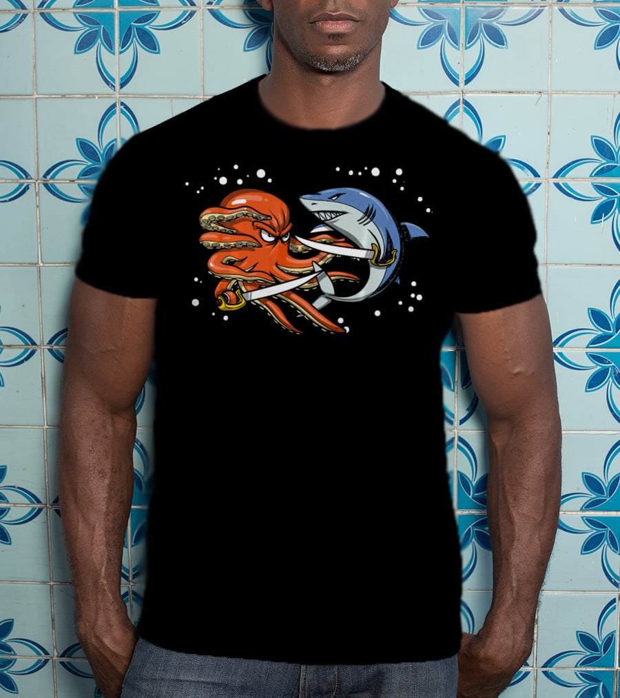 Shark Pirate Vs. Octopus Sailor Captain Sword Battle T-Shirt