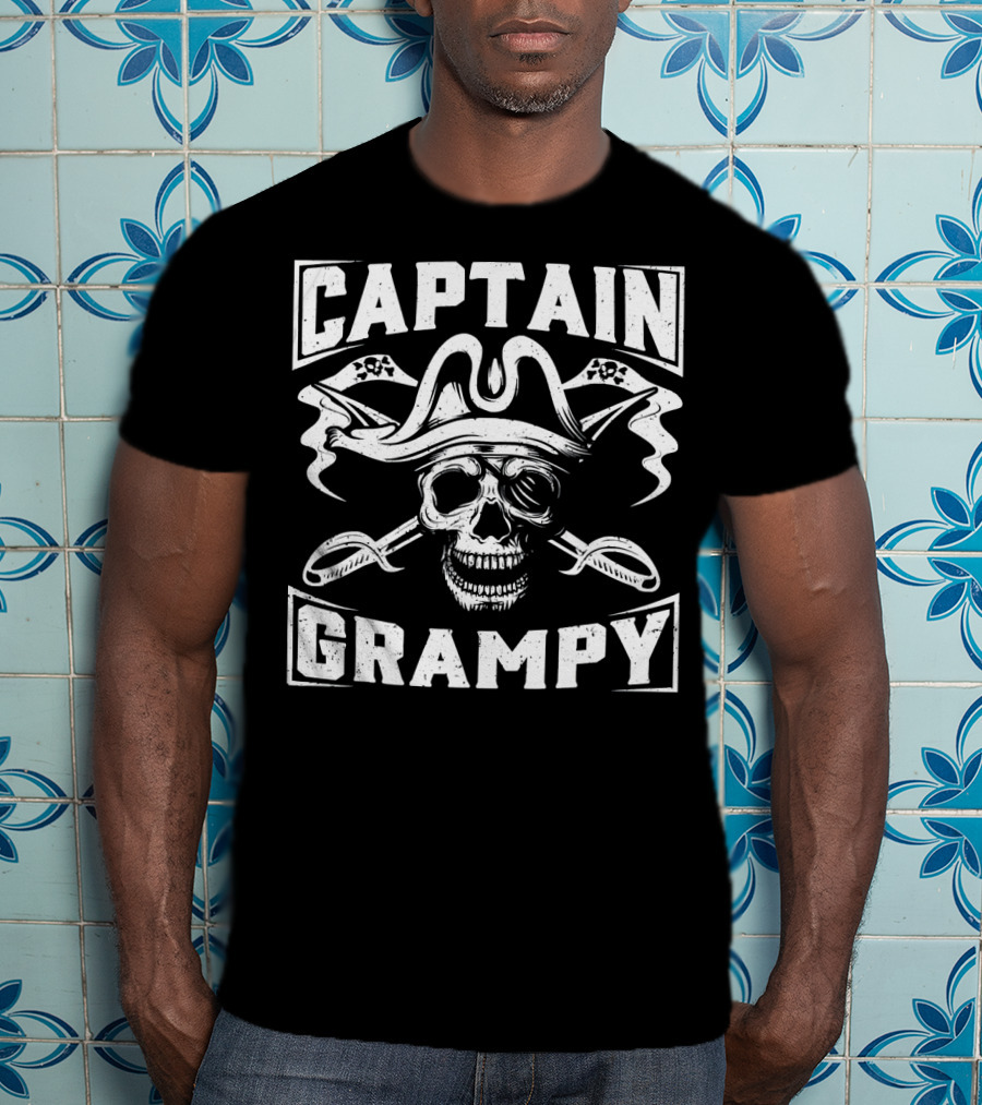 Captain Grampy Pirate Skull And Crossed Swords Motif T-Shirt