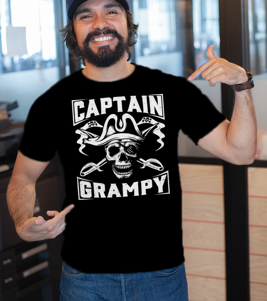 Captain Grampy Pirate Skull And Crossed Swords Motif T-Shirt