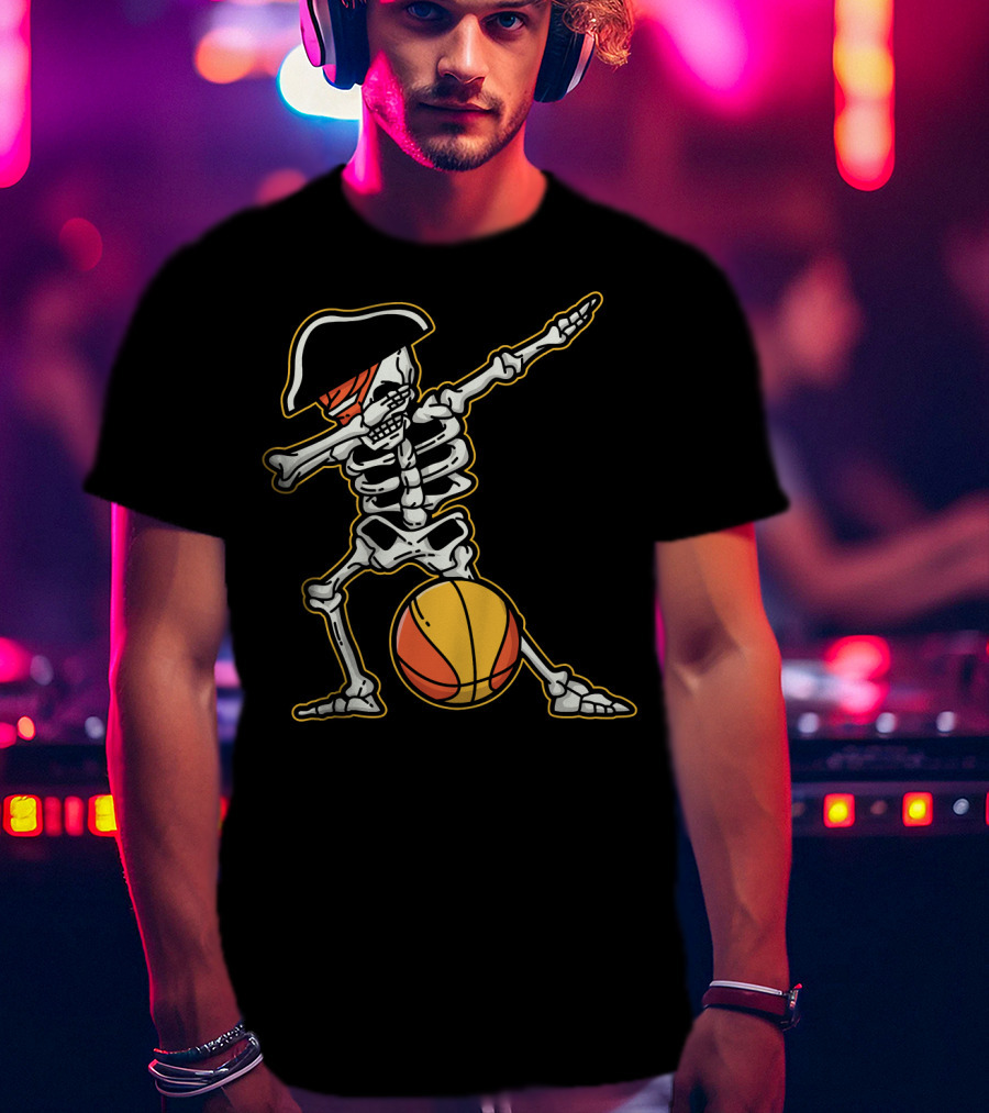 Skeleton Pirate Dabbing With Basketball Cool T-Shirt