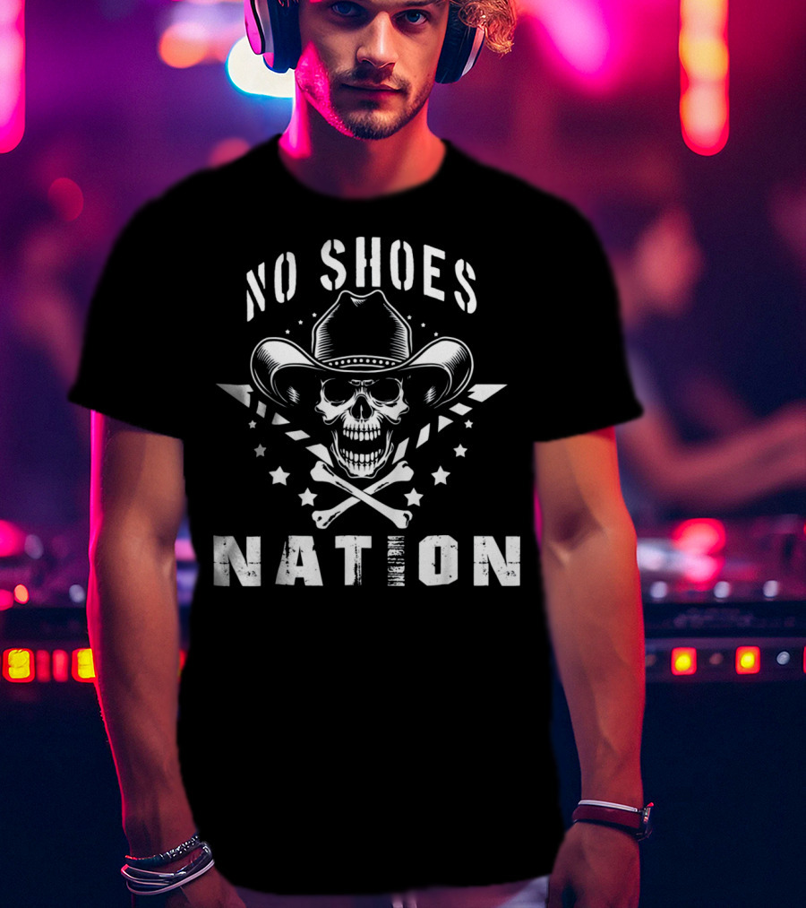 No Shoes Nation Pirate Skull Cowboy Hat Stars And Crossbones T-Shirt