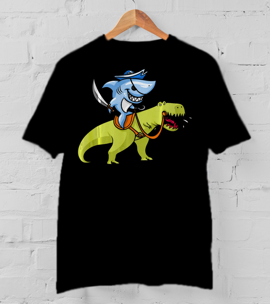 Shark Pirate Riding T-Rex Dinosaur Fun Adventure T-Shirt