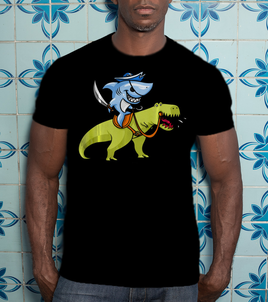 Shark Pirate Riding T-Rex Dinosaur Fun Adventure T-Shirt