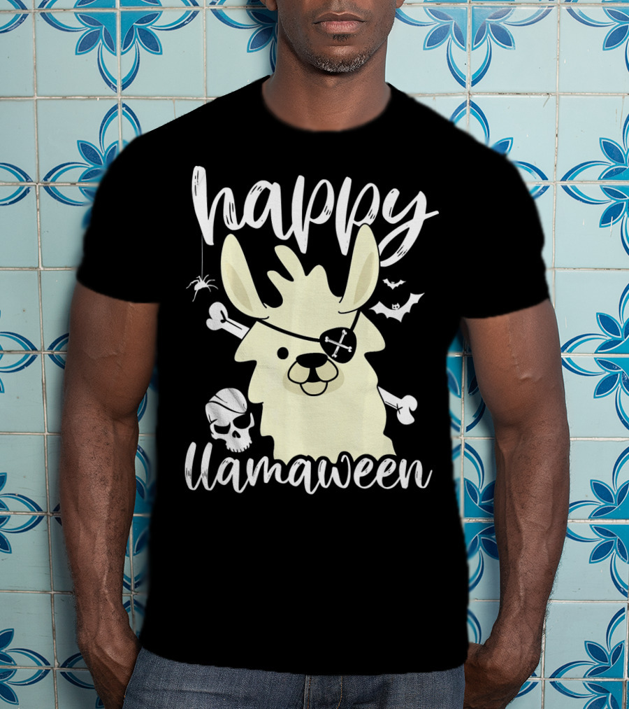 Happy Llamaween Llama Pirate Bats Skull T-Shirt