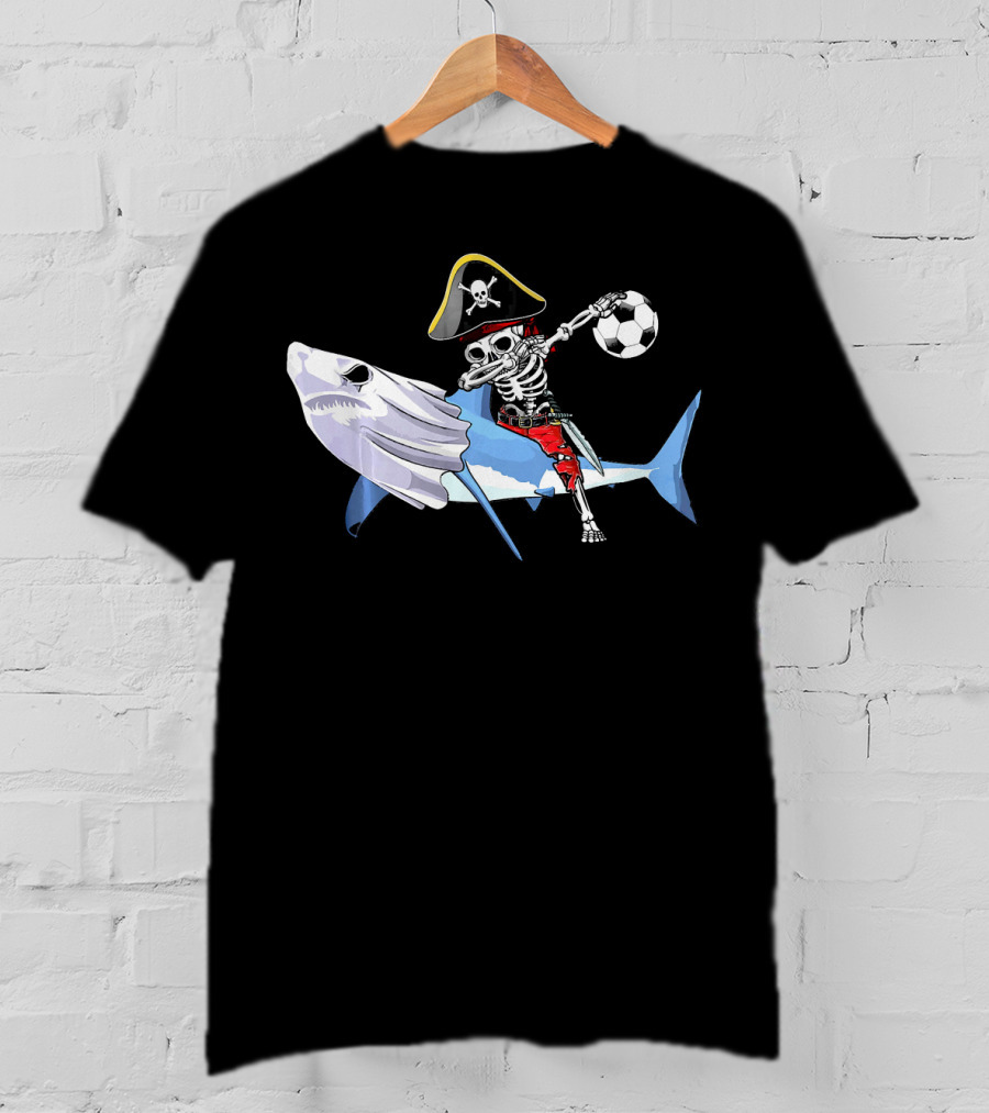 Jolly Roger Pirate Skeleton Dab On Shark Holding Soccer Ball T-Shirt