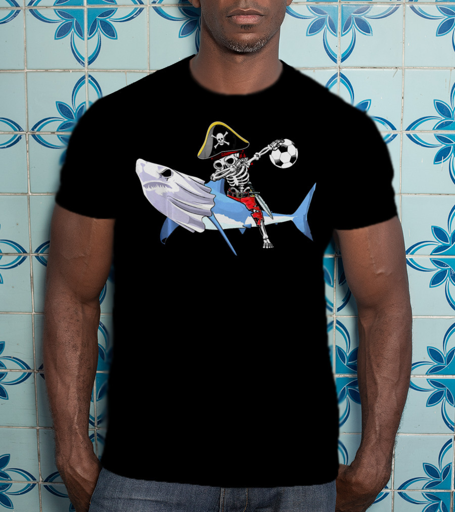 Jolly Roger Pirate Skeleton Dab On Shark Holding Soccer Ball T-Shirt