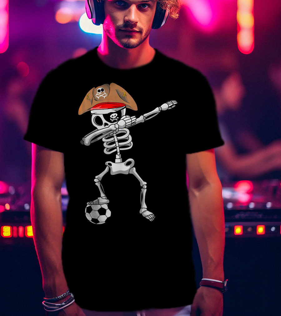 Skull Soccer Pirate Skeleton Dabbing With Eye Patch And Hat T-Shirt