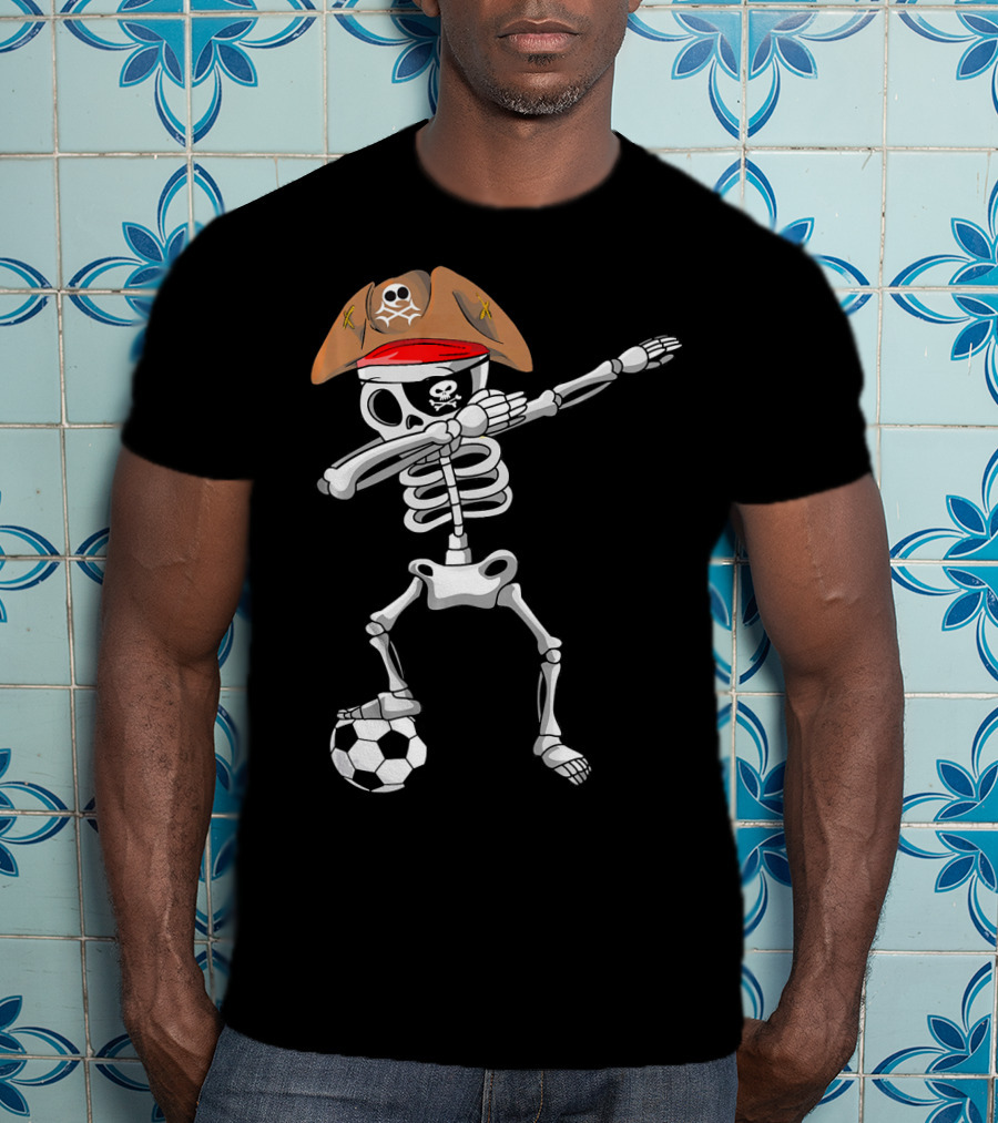 Skull Soccer Pirate Skeleton Dabbing With Eye Patch And Hat T-Shirt