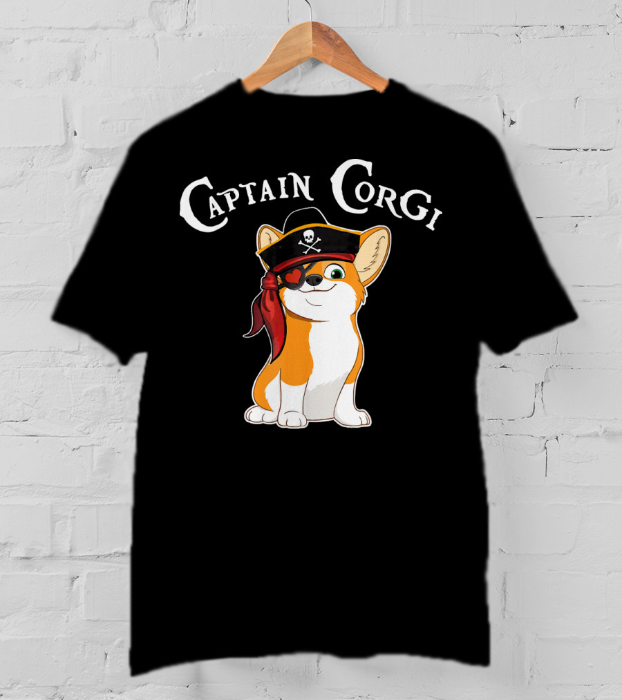 Captain Corgi Pirate Dog With Eyepatch And Skull Hat T-Shirt