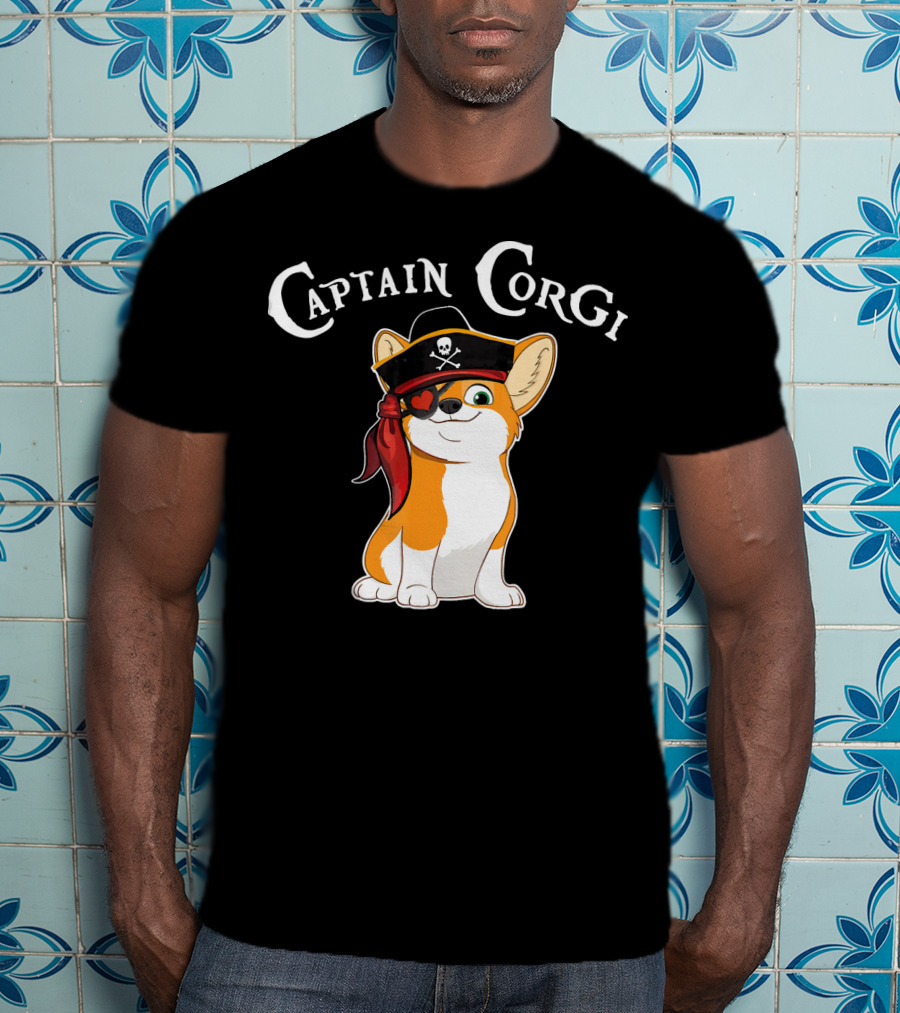 Captain Corgi Pirate Dog With Eyepatch And Skull Hat T-Shirt