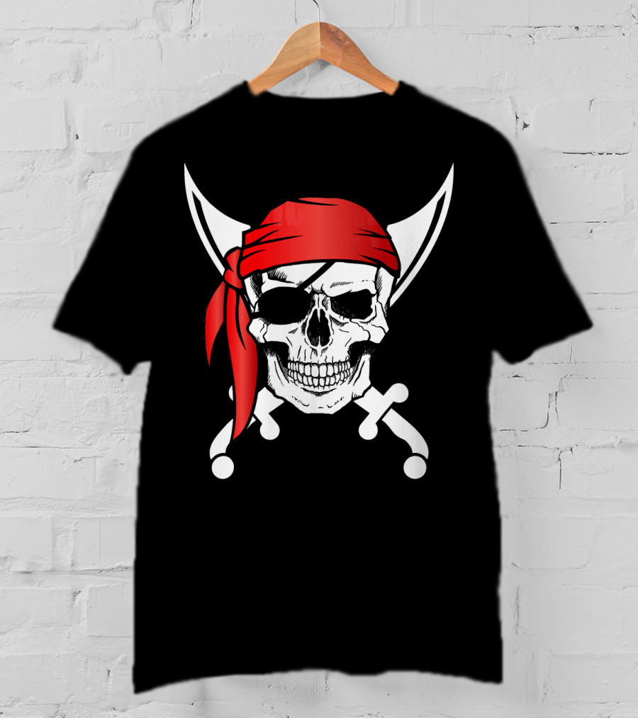 Pirate Skull Red Bandana Crossed Knives Iconic T-Shirt