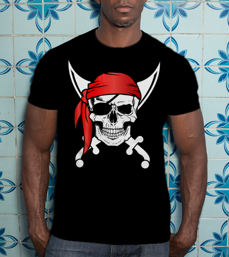 Pirate Skull Red Bandana Crossed Knives Iconic T-Shirt