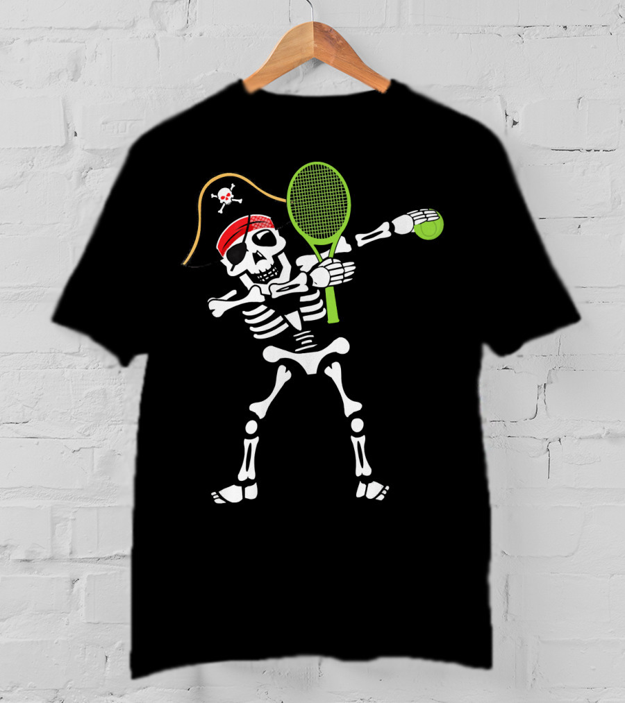 Tennis Dabbing Skeleton With Pirate Hat And Racket T-Shirt