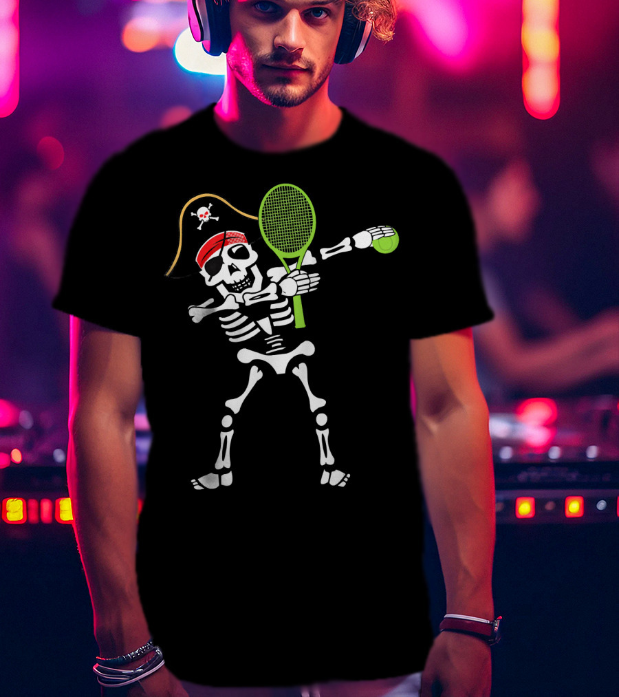 Tennis Dabbing Skeleton With Pirate Hat And Racket T-Shirt