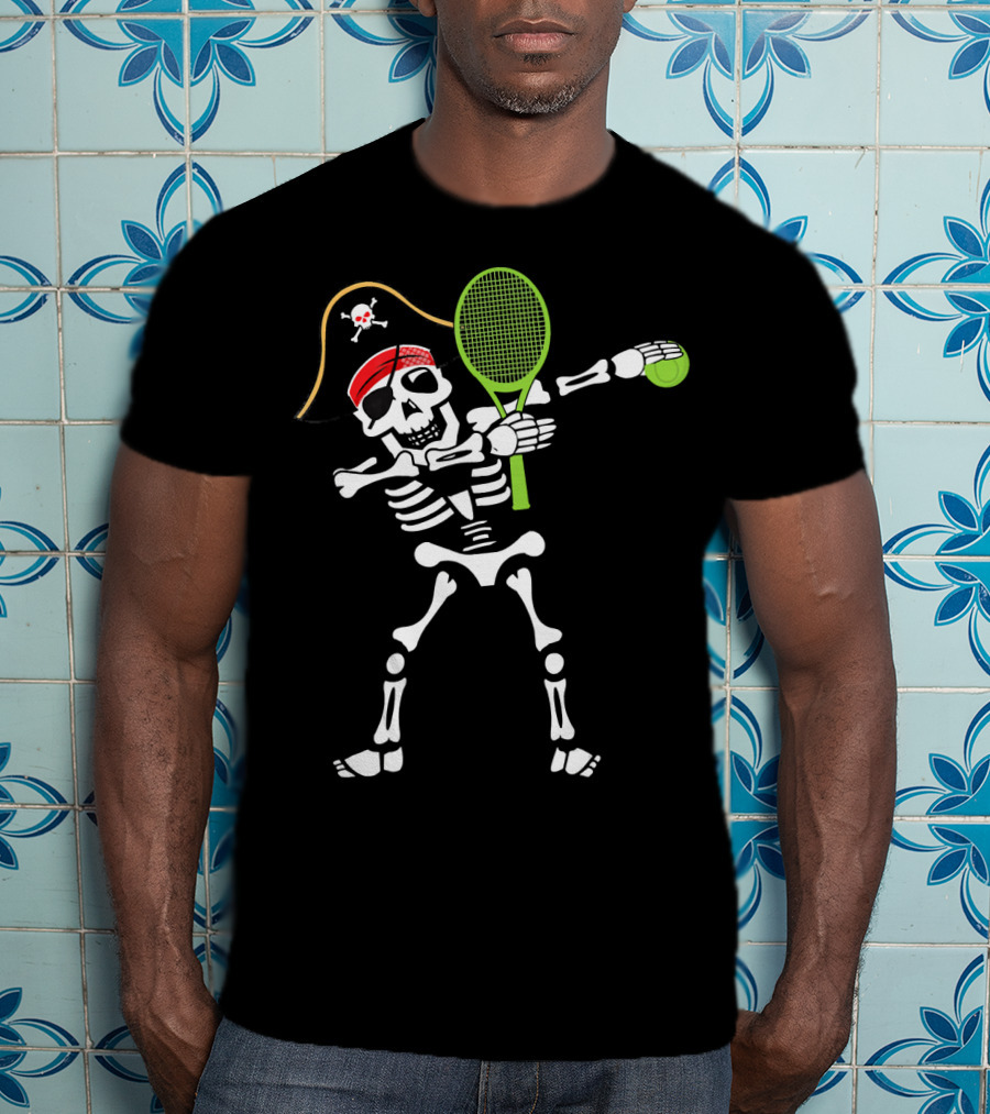 Tennis Dabbing Skeleton With Pirate Hat And Racket T-Shirt