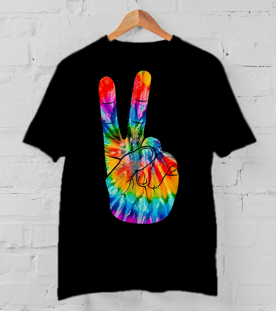 Tie Dye Peace Sign Hand V Victory Love Rainbow T-Shirt