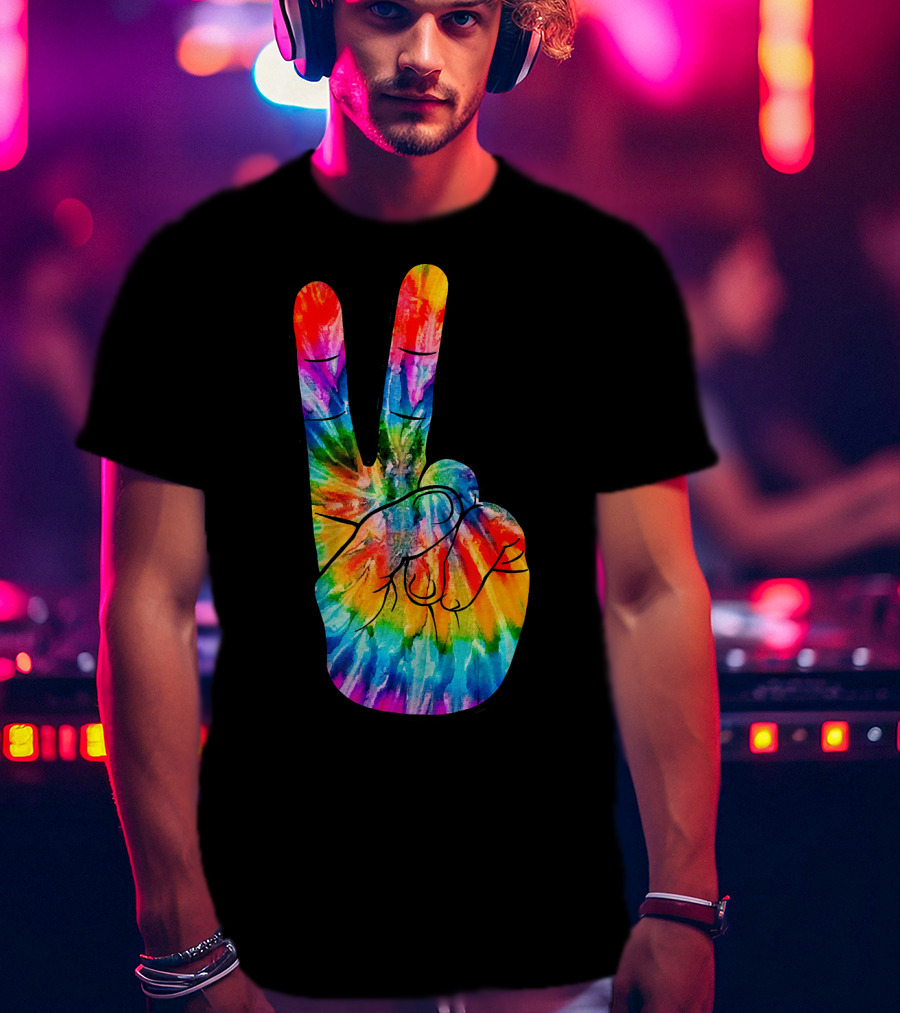 Tie Dye Peace Sign Hand V Victory Love Rainbow T-Shirt