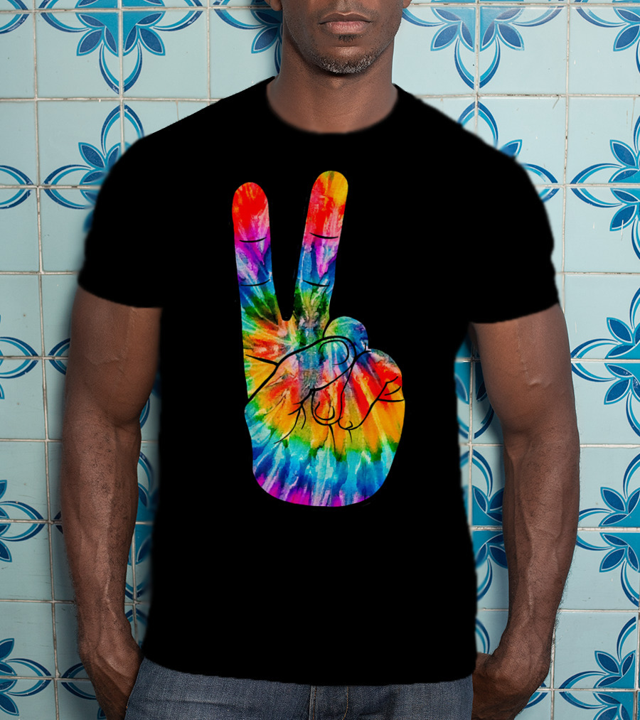 Tie Dye Peace Sign Hand V Victory Love Rainbow T-Shirt