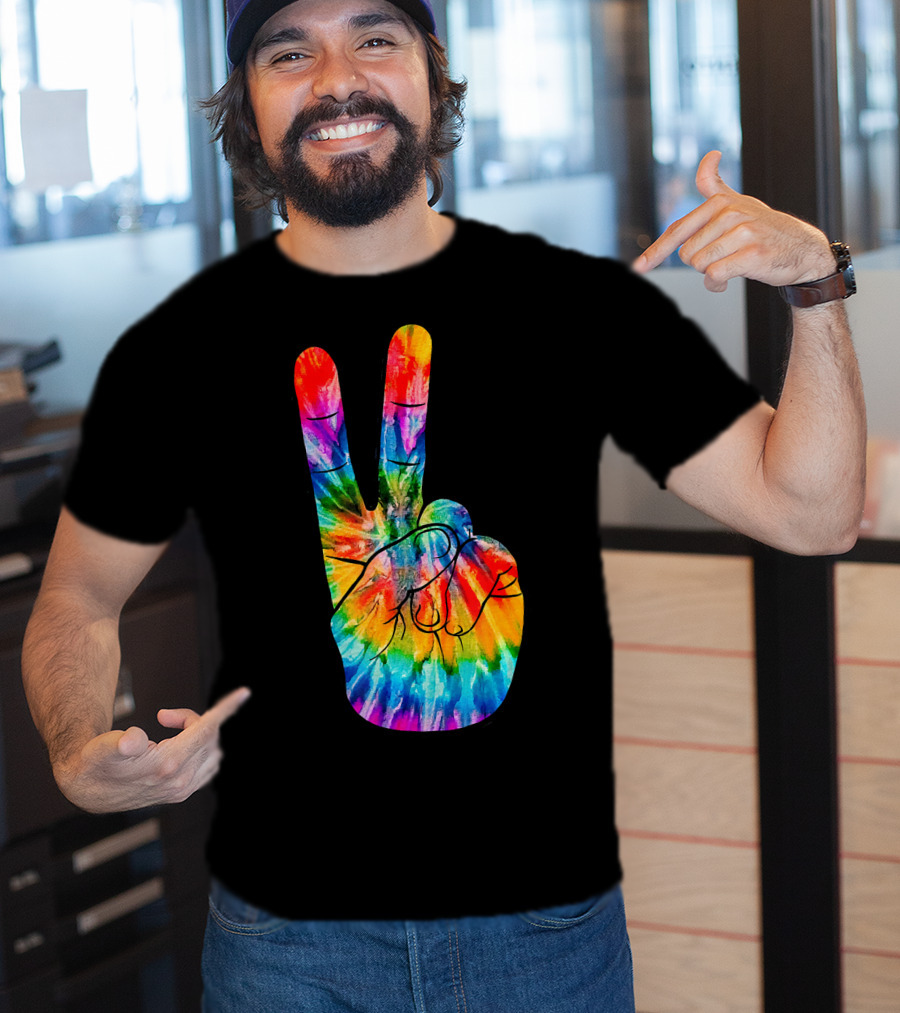 Tie Dye Peace Sign Hand V Victory Love Rainbow T-Shirt