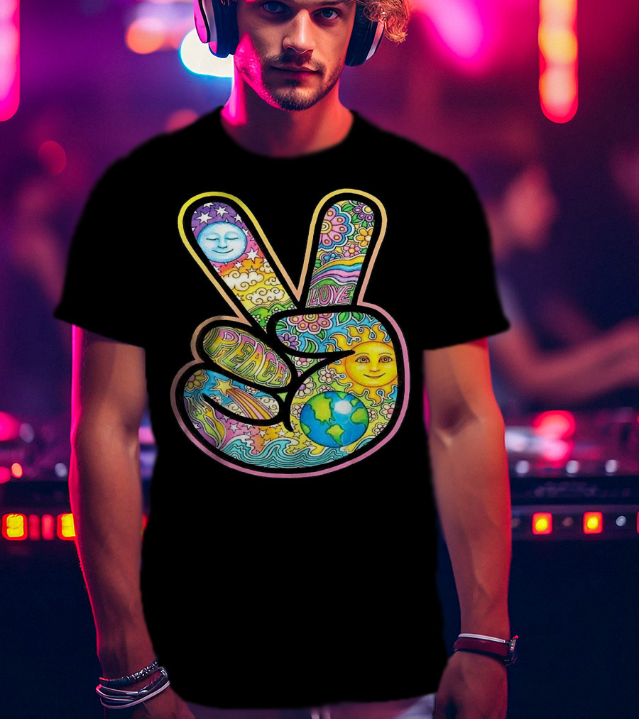 Peace Love Trippy Sun And Moon Psychedelic Earth Groovy Harmony T-Shirt
