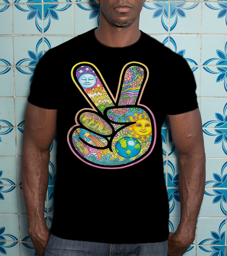 Peace Love Trippy Sun And Moon Psychedelic Earth Groovy Harmony T-Shirt