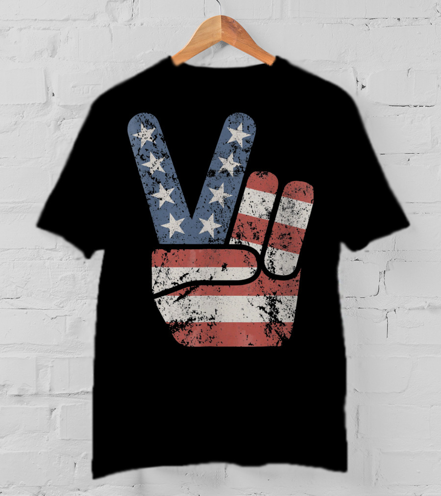 USA Big Peace Hand Sign American Flag T-Shirt