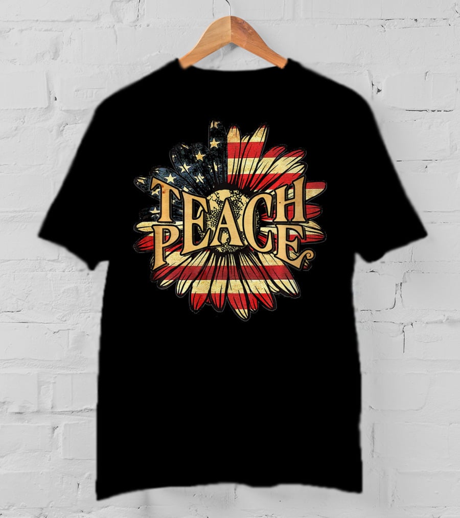 Teach Peace American Flag Flower Blossoms T-Shirt