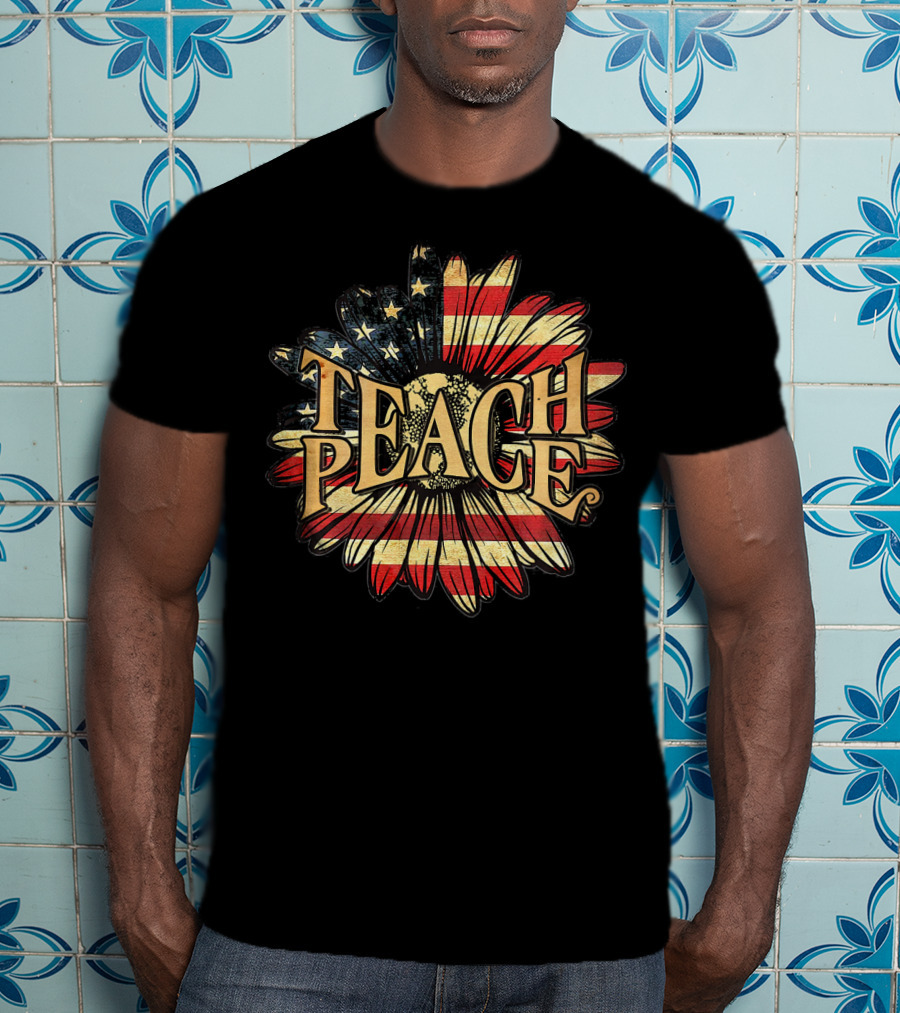 Teach Peace American Flag Flower Blossoms T-Shirt