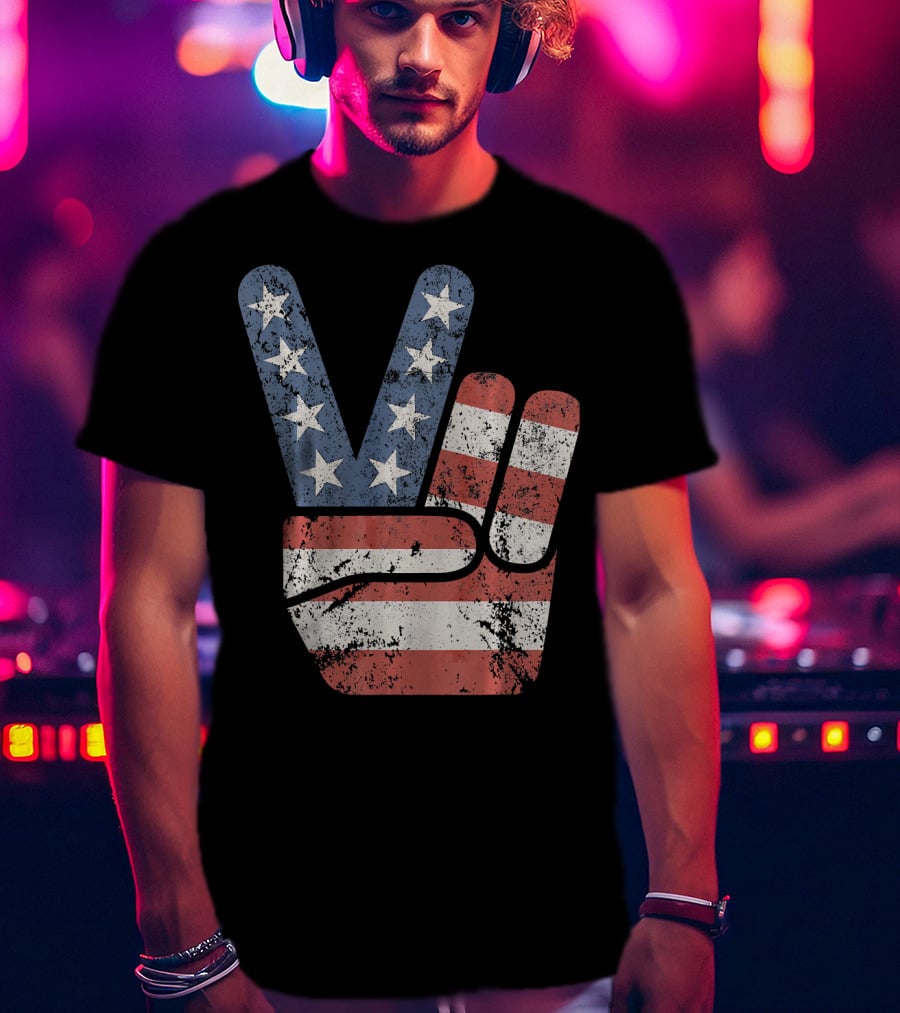 Vintage USA American Flag Peace Sign T-Shirt
