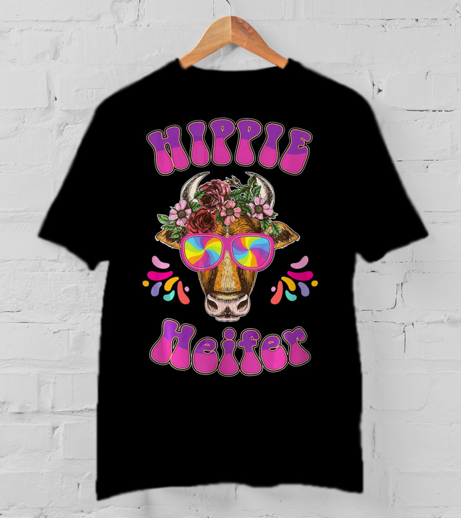 Hippie Heifer Peace Vintage Retro Cow With Floral Crown And Psychedelic Glasses T-Shirt