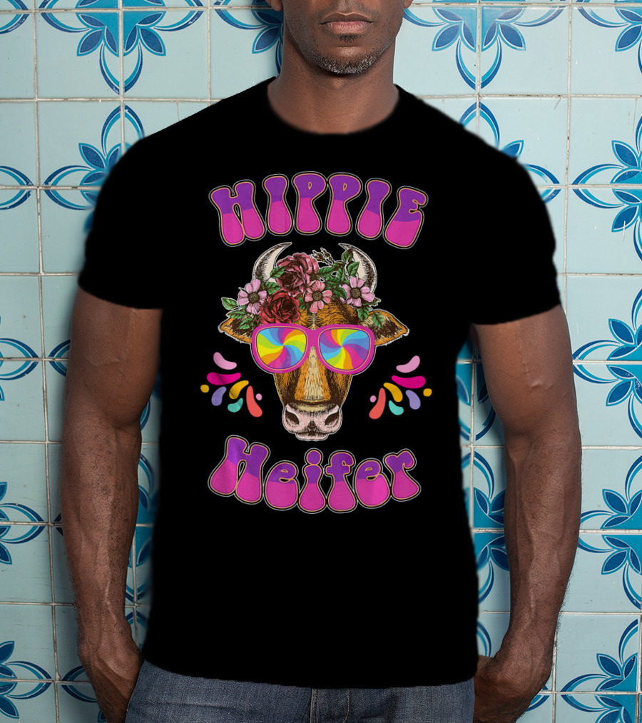 Hippie Heifer Peace Vintage Retro Cow With Floral Crown And Psychedelic Glasses T-Shirt