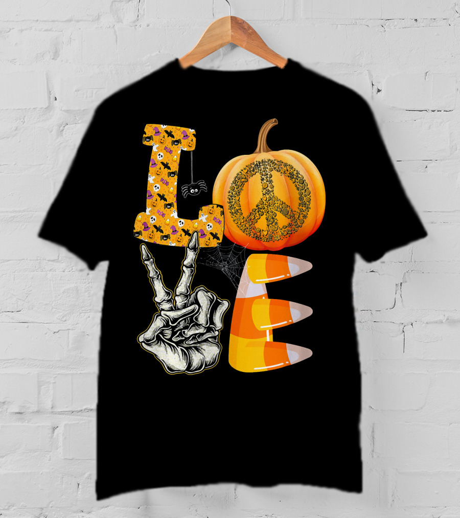 LOVE Halloween Peace Pumpkin Skeleton V Candy Corn T-Shirt