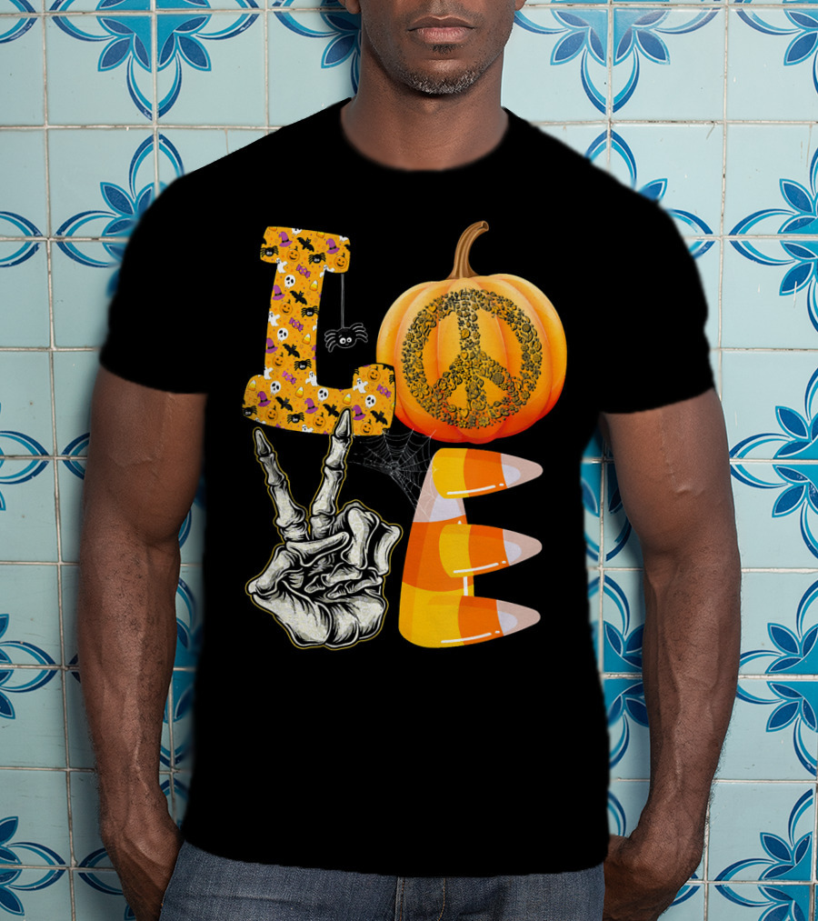 LOVE Halloween Peace Pumpkin Skeleton V Candy Corn T-Shirt