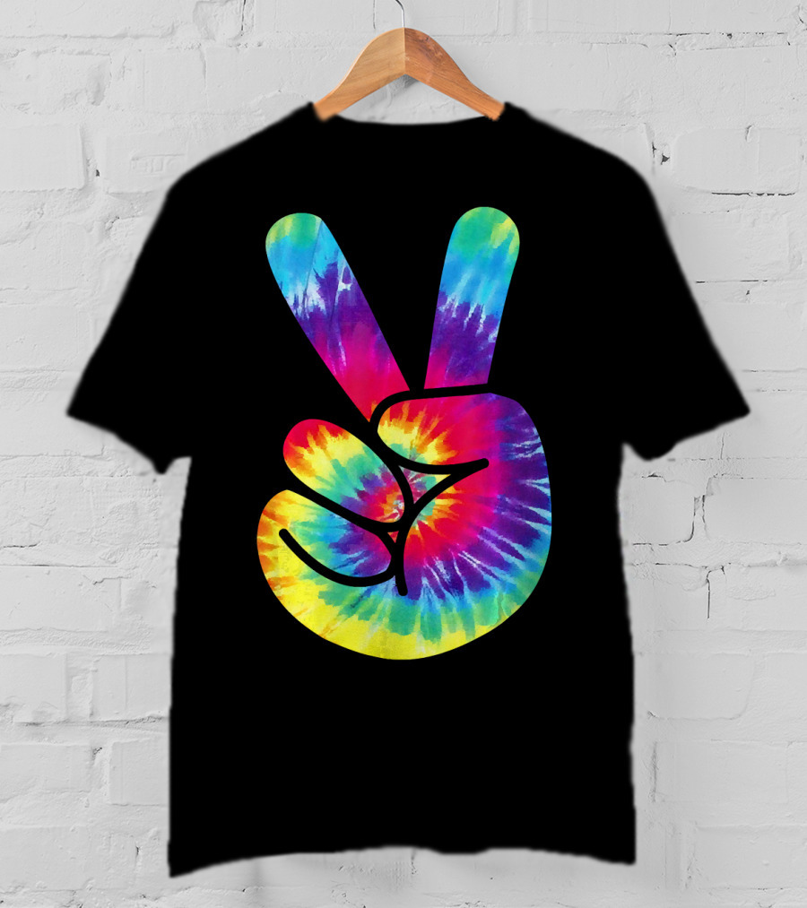 Groovy Tie Dye Peace Sign Two Finger Gesture T-Shirt